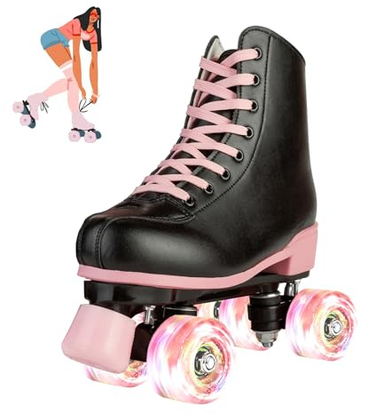 jessie Roller Skates for Girl and Women, PU Leather Flash Kids Roller Skates, Classic Adjustable Four-Wheel Beginner Girl Skates Roller Skates Girls Ages 8-12 for Indoor Outdoor (Flash Wheel 32)