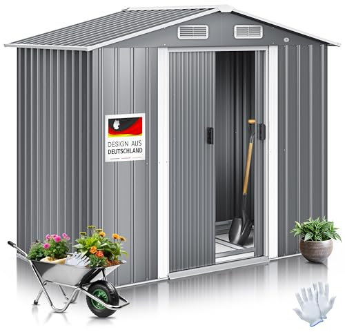 KESSER® - Abri à appareils L en métal 3,4 m³ avec Fondation | 196 x 122 x 180 cm | 2 x Portes coulissantes & fondations | Abri à appareils | Cabinet de Jardin | Toit en Pente (Gris)