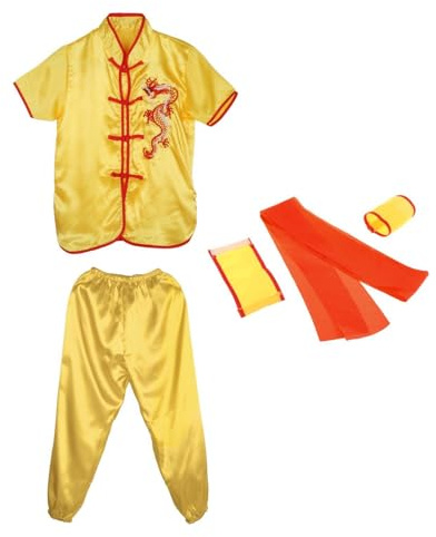 HGZLQKD Chinese Traditional Wushu Costume Kung Fu Uniform Exercise Clothing Set Apparel for Comfortable Dragon Embroidery, Yellow 120
