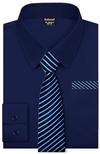 Fashonal Men's Dress Shirt and Tie Set, Shirt and Tie Sets for Men Navy Blue Shirt Button Down Long Sleeve, Navy Blue Size XL