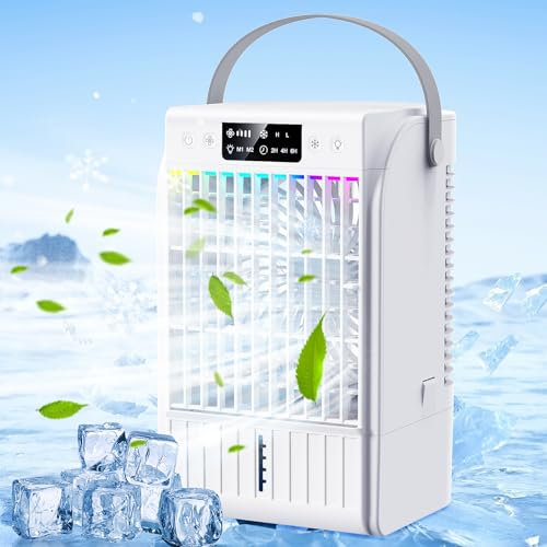 Ventilateur de refroidissement mobile avec réservoir d'eau de 1700ml, 4 vitesses de vent, 2 fonctions de pulvérisation, 7 LED couleurs, USB-C, 1-6h timer Beiyong