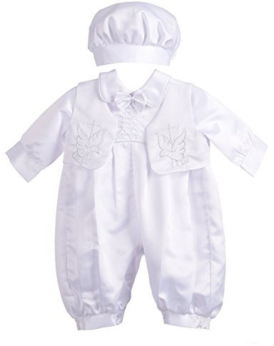 Lito Angels Infant Baby Boys Christening Gowns & Clothing Baptism Outfit Satin Romper White Suit with Hat Age 0-3 Months