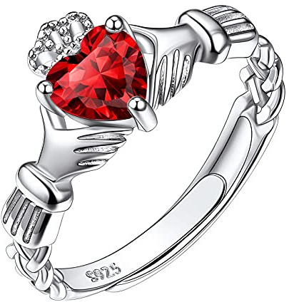 Suplight Anillo Finos de Claddagh Piedra Corazón Color Granate Rojo Piedras Natales de Cumpleaños de Enero Joyería Irlandesa Plata de Ley 925 para Mujeres Corona para Princesa