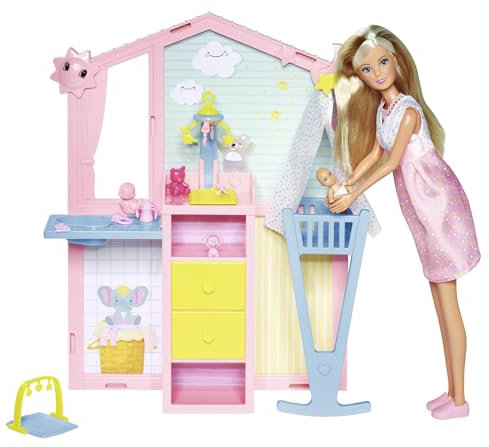 Steffi Love Newborn Baby Room, Pregnant Doll with Baby in the Children's Room, with Baby Bed, Changing Table, Bath and Accessories, 29 cm Toy Doll, from 3 Years