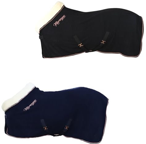 Marengos - Abschwitzdecke Modern Rosé | Fleecedecke mit Kreuzgurten, Frontverschnallung, Schweifkordel & roségoldenen Verzierungen | atmungsaktive Pferdedecke | Pferde Zubehör in Schwarz | 145 cm