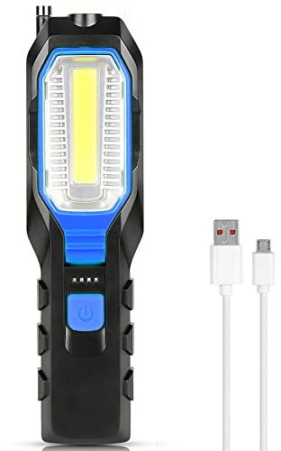 LED Arbeitsleuchte Portable Wiederaufladbare USB Taschenlampe, COB Inspektionslicht Werkstattlampe mit Magnetischen Base und Haken für Auto Reparatur, Notbeleuchtung, 90° Drehung, 4 Lichtmodi, Blau