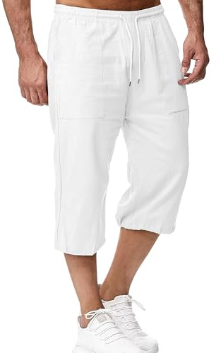 LVCBL Short en Lin pour Homme, Longueur 3/4, Pantalon d'été, pour la Plage, Le Yoga, Le Jogging, Décontracté, Blanc., L