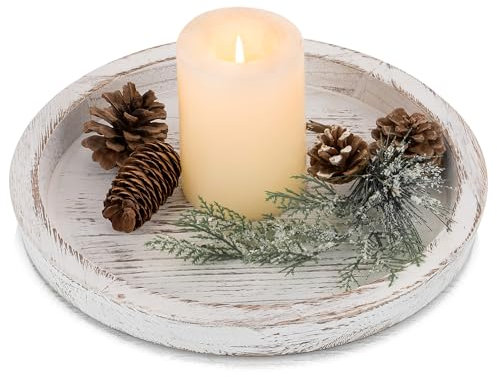 Hanobe Vassoio da tavolino in legno: vassoi rotondi decorativi in legno rustico bianco centrotavola portacandele vassoio ottomano per decorazione bancone cucina decorazione domestica