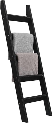 FUIN 5ft (58) Wood Blanket Ladder Living Room Decorative Wall Leaning Farmhouse Quilt Display Holder Storage Rustic Wooden Towel Rack for Bathroom, Black