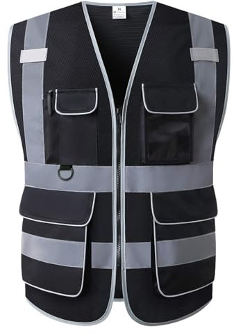 LOHASTAR Gilet antinfortunistici gilet lavoro catarifrangente alta visibilita Maglia di sicurezza per riflettente sicurezza con tasche cerniera anteriore（IT-Black01,X-Large）