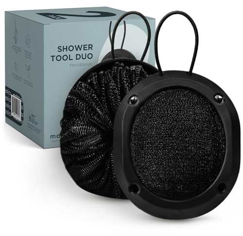 MainBasics Shower Tool Duo 2-1 Shower Loofah Sponge and Exfoliating Body Scrubber (2 Pack, Black)
