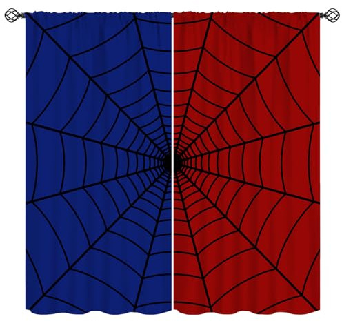 SHElifestyle Super Hero Spider Web Window Curtains for Kids, Black Spiderweb Window Treatments Kids Red Blue Curtain Drapes for Boys Girls Baby Toddler Children Bedroom Playroom W42xL45in (Decor)