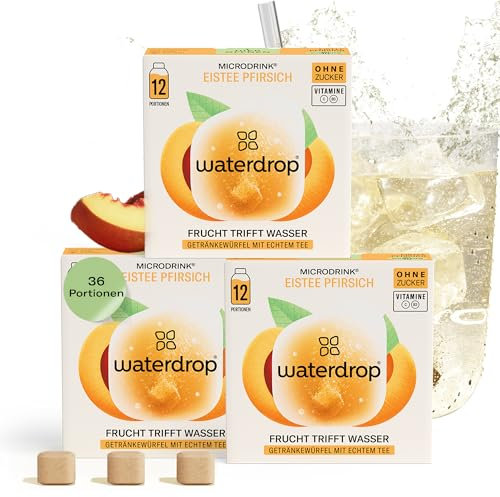 waterdrop® Thé Glacé Pêche, 36 cubes d'Ice Tea Sans Sucre, Saveur Thé Noir + Pêche, Pastilles d'eau aromatisées pour boissons, Extraits naturels de fruits et de plantes, Enrichi en vitamines