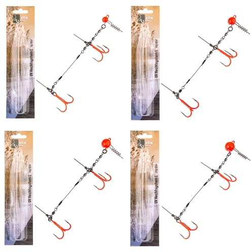 Zite Fishing Drillingssystem Fertigmontage Hecht-Angeln UV Aktiv Größe L 13cm | 4 STK Set 5g,10g,15g,20g Hecht System mit Screw-In-Jigkopf | Angsthaken Drillinge | Big Bait Spinn-System 21-26cm