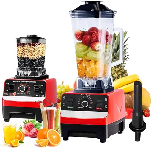 2-En-1 Blender Mixeur 5000W, 2.5L Mixeur Blender Multifonctionnel, 9 vitesses, Mixeur Haute Vitesse Sans Bpa, 4 Lames en Inox, Pour Glace PiléE, Jus, Smoothie, Fruits, LéGumes (2L 2000W)