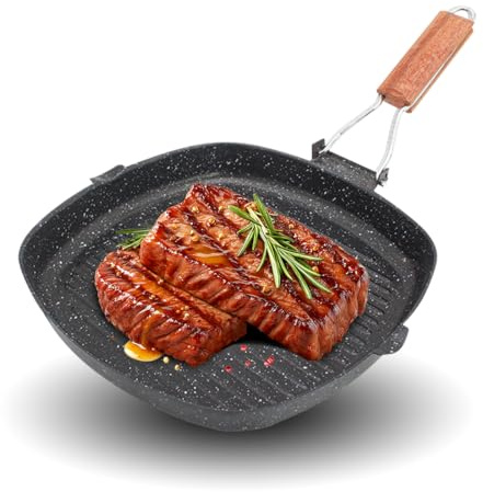 RANJIMA Grillpanna, 24 x 24 cm stekpanna, räfflad av gjuten aluminium, grillpanna induktion med fällbart handtag, non-stick grillpanna för gasgrill och ugn, grillplatta för induktionsspisar
