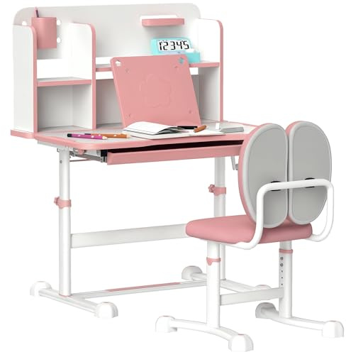 AIYAPLAY Juego de Escritorio y Silla para Niños de +3 Años, Pupitre Infantil Altura Ajustable con Tablero Inclinable, Cajón y Estantes, Respaldo Acolchado, para Libros, 80x55x107,5 cm, Rosa