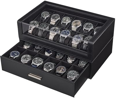 ProCase Watch Box for Men, 24 Slots Watch Display Holder with Clear Acrylic Top, Large Capacity PU Leather Case with Drawer Organizer, Jewelry Storage, Ideal Gift for Men Women -Black