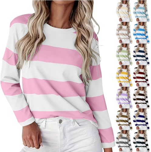 Grunder, långärmad tröja, dam, bomull, randig, t-shirt, damer, långärmad bomull, rund hals, skjortor, termosweatshirt, eleganta toppar, modern t-shirt, lös bluströja, lätt, lång tröja, extra stora