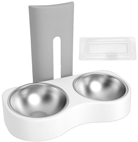 Srliya Wall Mounted Pet Feeding Bowl Stainless Steel Adjustable Height Double Bowls Wall Pet Dish Feeding Station (Grey White)