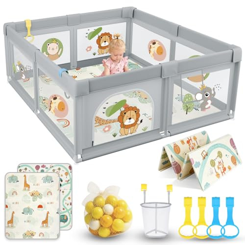 SOFTHOM Laufstall Baby 150x180, Laufstall Baby mit Matratze, 360° Atmungsaktivem Netz und Rutschfestem Bottom, Sicher Stabil Aktivitätszentrum für Kinder mit 60 Ozeanbälle, 4 Zugringen, Grau Löwe