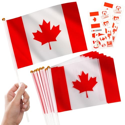 10 Petits Drapeaux Canada sur Tige & 2 Tatouages, Mini Pavillon Canadien Main avec Bâton pour Coupe du Monde Football 2026 Fête Nationale Décoration Fête Déco Défilé Sport Jeux Olympiques
