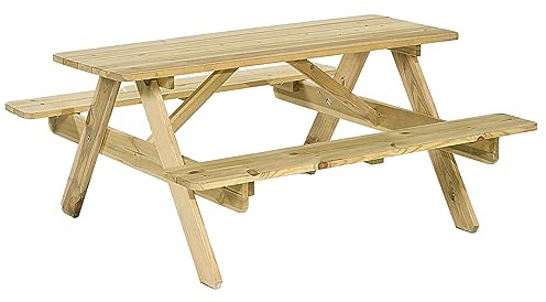 BrackenStyle Jersey Wooden Picnic Table with Bench and Parasol Hole - 1 Piece Furniture Outdoor Dining for Picnic, Pubs, Patio, Garden, BBQ, 6 People Seater with 1.4M Length
