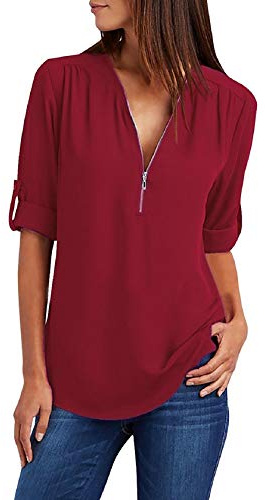 Tuopuda Magliette Donna Estive Camicette Manica Lunga Camicia Elegante Blusa Moda T-Shirt Scollo a V Top con Cerniera Tee Maglietta Casual Shirt Tinta Unita Pullover Taglie Forti