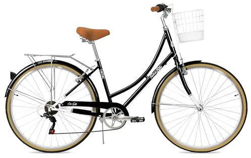 FabricBike Step City- Bicicleta de Paseo Mujer, Bicicleta Urbana Vintage Retro, Bicicleta de Ciudad Estilo Holandesa con Cambios Shimano y Cesta. Sillín Confortable. (Black + Cesta), 28