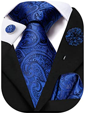 Hi-Tie Ensemble de cravate en soie, carré de poche, boutons de manchette et épingle de revers jacquard pour mariage et affaire pour homme, Bleu roi B., M
