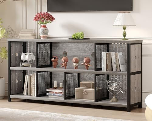 LVB Industrial 4 5 6 7 8 Cube Bookcase, Rustic Wood Horizontal Bookshelf, Modern Wide Cube Organizer Storage Shelf, Large Long Low Book Shelf for Office Bedroom Living Room, Light Grey Oak, 160 CM