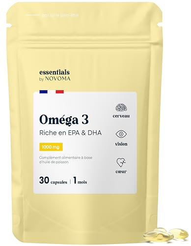 Omega 3 Huile de Poisson 1000mg, Pure et Concentrée, Oméga 3 EPA DHA, Santé du Coeur & Vision, Cure de 1 mois, Fabriqué en France, Essentials by Novoma