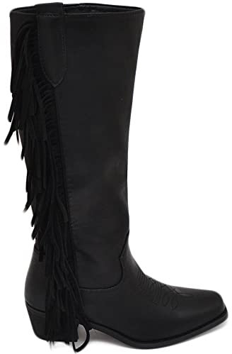 Stivali Donna camperos Texani Nero in Ecopelle con Frange Western Moda Altezza Polpaccio Style Mexico Cowboy (41 EU)