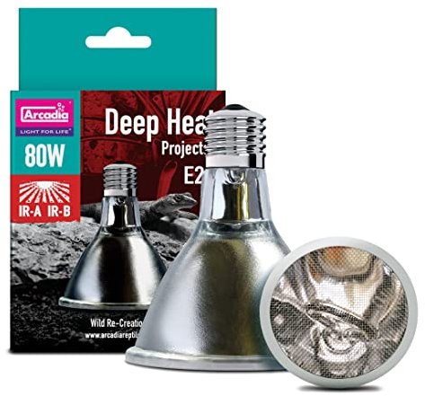 Arcadia Reptile Deep Heat Projektor, 80 W, E27-Fassung, Infrarotstrahler, breiter Strahl, schnelles Aufwärmen, Wärmelampe für Reptilien