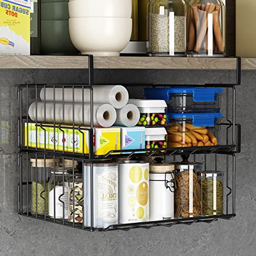 Pinkgarden Under Cabinet Basket Organizer, 2 Pack Foldable Wire Mesh Storage Shelf, Space Saving, Sturdy and Durable, No Assembly Required (Black 2Pack)