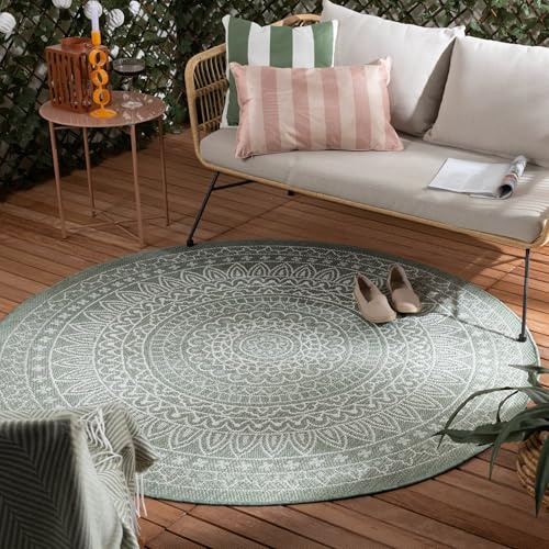 FRAAI | Home & Living Volero In- & Outdoor Teppich Rund - Summer Azteca Grün - Wetterfest - Polypropylen - Flachgewebe - Balkon, Garten/Terrasse - Terrasse - Rug