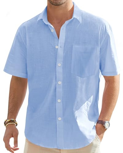 J.VER Men's Linen Shirts Casual Short Sleeve Button Down Shirt Fashion Summer Tops for Beach Vacation Wedding with Pocket Blue XL
