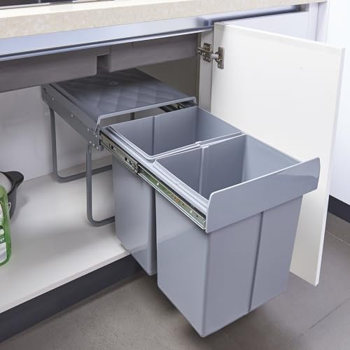 [en.casa] Poubelle Encastrable sur Rails Coulissants Tri Sélectif Sous Évier avec Poignée Collecteur de Déchets 2 Bacs Séparés de 20 Litres Peu Encombrant Cuisine Plastique Acier 48 x 34 x 42 cm Gris