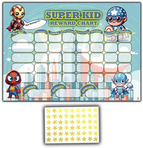 Good Behaviou r Belohnungstafel mit Superhelden-Kindermotiven, 100 goldene Sternaufkleber, frühes Lernen und Routine