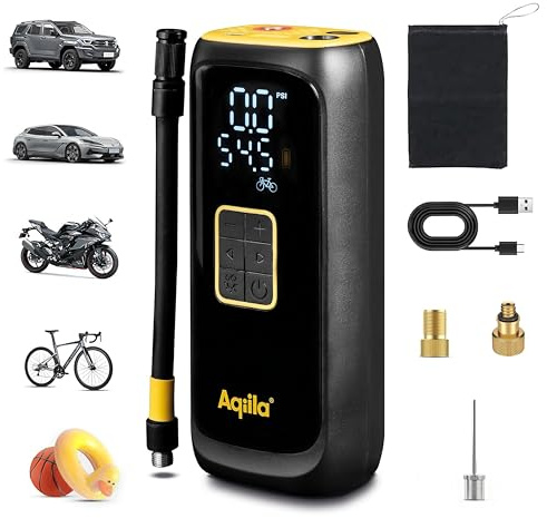 Compressore Portatile per Auto, Bici e Palloni – Aqiila C4 Pompa d’Aria con Batteria Integrata, 150 PSI, Spegnimento Automatico, Torcia LED, USB-C e Adattatori per Pneumatici