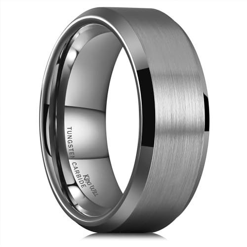 King Will - Anello nuziale da uomo in carburo di tungsteno, 6 mm/7 mm/8 mm, argento/nero/grigio gunmetal, con bordi smussati/bordi a gradino e vestibilità comoda, O 1/2(55.7mm), Tungsteno Carburo di