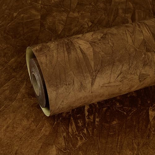 ReWallpaper Brown Wallpaper Velvet Flocking Self Adhesive Sticky Back Wallpaper for Kitchen Walls Cupboards Retro Contact Paper Furniture Liner Brown Plain Wall Paper Felt Fabric Thicken 44.5cmx2m