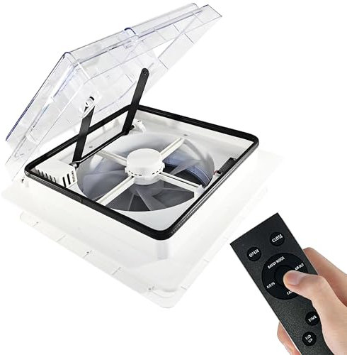Ventilatore da tetto per roulotte, 12V, 360mm x 360mm, ventilatore camper con telecomando, sensore di pioggia silenzioso, 4 velocità, ventilazione reversibile, regolazione timer (Colore trasparente)