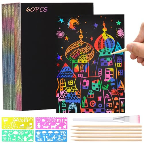 60 PCS Scratch Art for Kids, Rainbow Scratch Paper Black Doodle Pads, Magic Scratch Notes, Foil Fun Scratch Cards, Doodling Art & Sketching Paper for Kids DIY Educational Toys Gifts