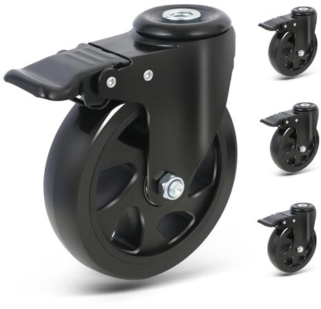 RRIUTO Ruedas para Muebles Pesados con Freno, Ruedas Giratorias de 125mm con Agujero Trasero M12, Ruedas Pivotantes 360 Grado que No Dejan Marcas, Juego de 4 Ruedas de Transporte Hasta 650kg