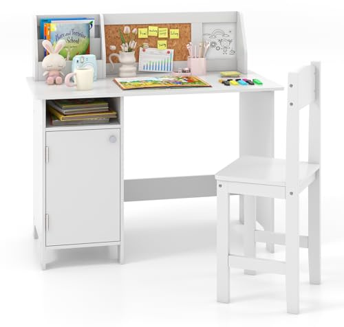LIFEZEAL Escritorio Infantil con Silla de Madera, Juego de Mesa de Estudio con Taquilla y Estante, Mesa Infantil con Librería, 90 x 45 x 86 cm (Blanco B)