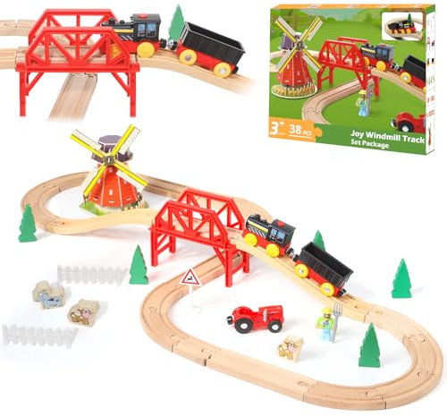 LZDMY Holzeisenbahn Set Zug Kinder, 38 Stück Elektrische Eisenbahn aus Holz Kompatibel mit Brio- Holzschienen, Holzzug Spielzeug für 3 4 5 6 Jahre alt Spielzeugeisenbahn Geschenk für Junge & Mädchen