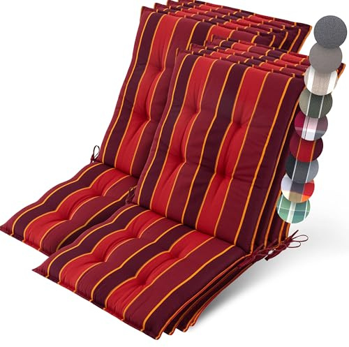 Beautissu 8er Set Premium Niedriglehner Auflage Gartenstuhl 100x50cm Sun-NL – 8cm Dick Polster Gartenstuhlauflage rutschfest Befestigungsbänder UV-Lichtechtheit 5 – Robust Stoff Rot Gestreift