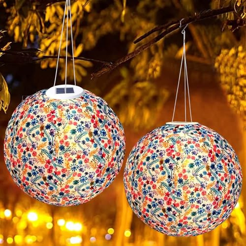 Lot de 2 lampions solaires d'extérieur résistants aux intempéries : 30 cm - Lanterne LED étanche blanc chaud - Lanterne solaire suspendue - Guirlande lumineuse pour jardin, terrasse
