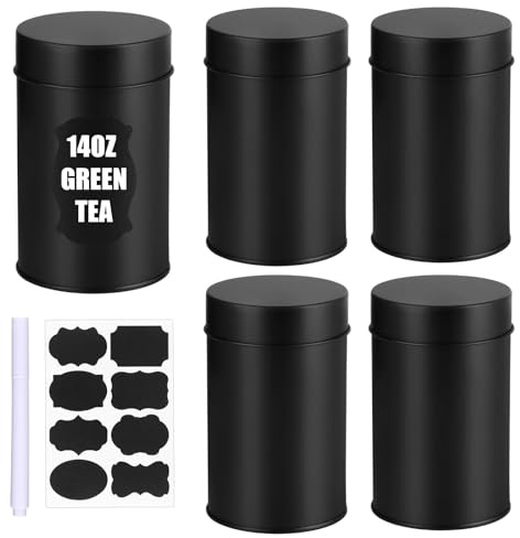 RUIYELE 4 Pcs Tea Tin Canisters with Double Airtight Lids 14 oz Round Black Metal Tea Sugar Coffee Canisters Set Small Coffee Caddy Kitchen Container Storage for Loose Leaf Teas Spices (4)